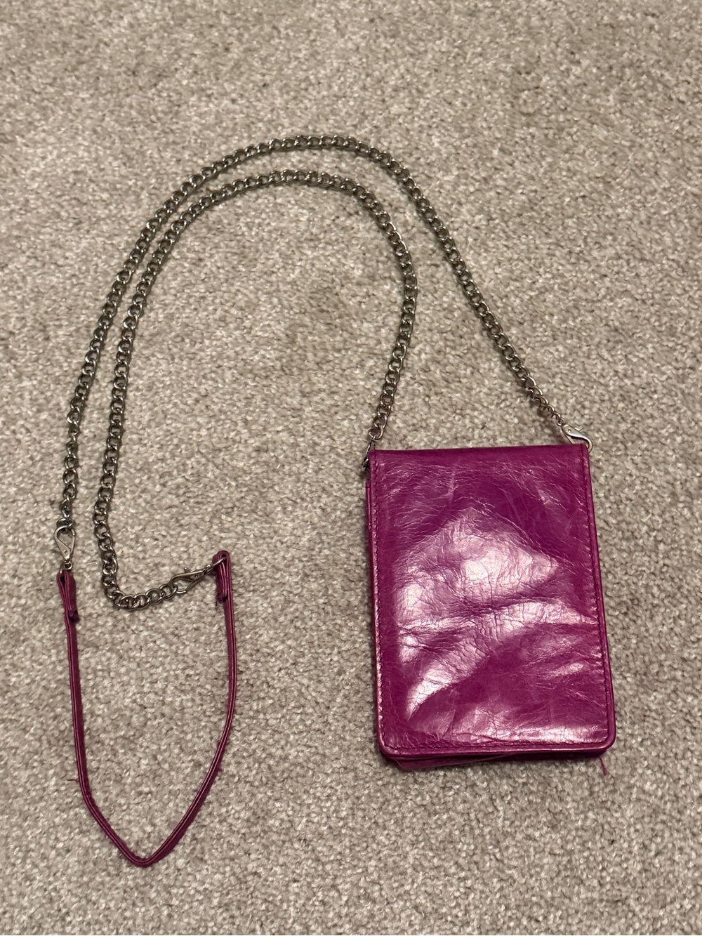 HOBO International Fuchsia Pink Glazed Leather Mini Crossbody Bag Wallet Chain
